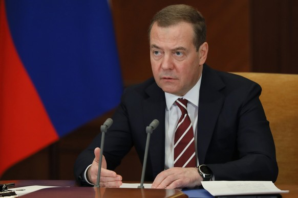 Deputy head of Russia&#039;s Security Council and chairman of the United Russia party, Dmitry Medvedev chairs a meeting of the organizing committee preparing the celebration of the upcoming the 80th a ...