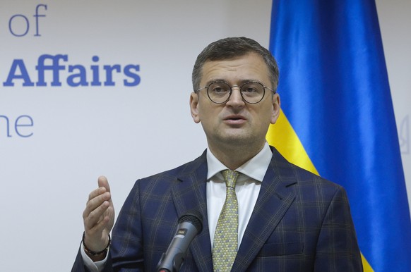 epa11302505 Ukrainian Foreign Minister Dmytro Kuleba attends a joint press conference with his Latvian counterpart Braze after their meeting in Kyiv, Ukraine, 26 April 2024. The Latvian Foreign minist ...