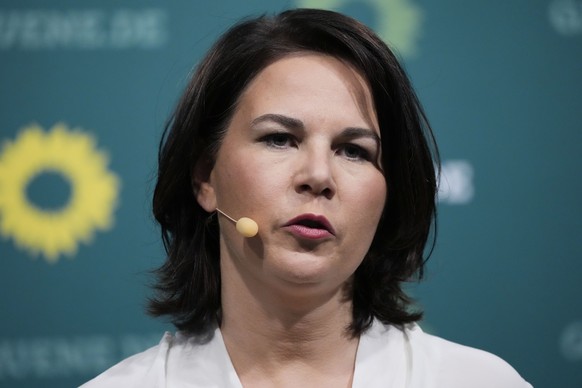 Germany&#039;s Green Party co-chairwoman Annalena Baerbock speaks to media after first exit poll for the Saxony-Anhalt state elections announced, in Berlin, Germany, Sunday, June 6, 2021. (AP Photo/Ma ...