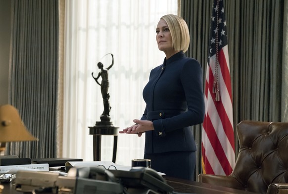This image released by Netflix shows Robin Wright in a scene from the final season of &quot;House Of Cards.&quot; (David Giesbrecht/Netflix via AP)