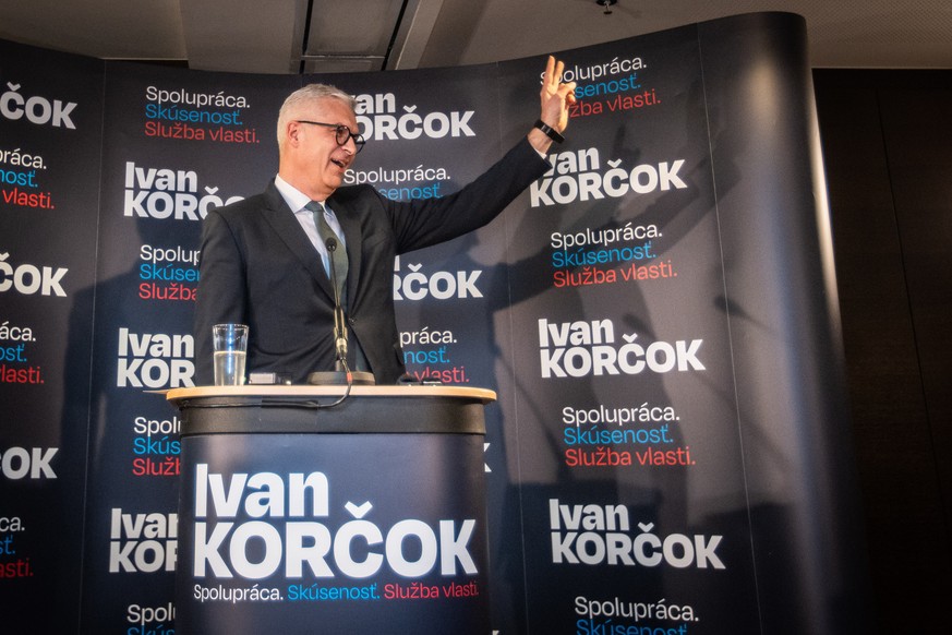 epa11240140 Presidential candidate Ivan Korcok reacts to preliminary results of the first round of Slovak presidential election in Bratislava, Slovakia, 23 March 2024. According to the unofficial prel ...