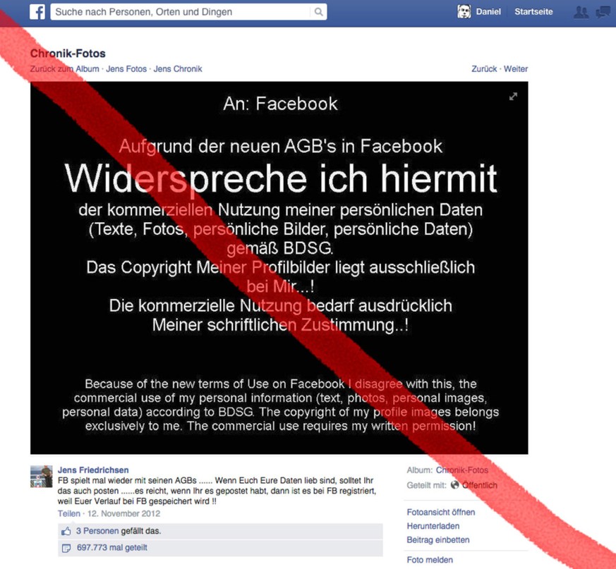 Stimmt nicht! Das Teilen des Widerspruchsbildes, das mindestens seit 2012 auf Facebook die Runde macht, bringt auch 2015 nichts.