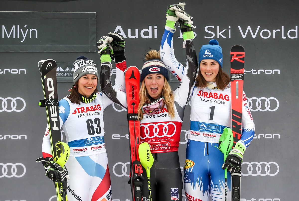 epa07424645 (L-R) Second placed Wendy Holdener of Switzerland, first placed Mikaela Shiffrin of US and third placed Petra Vlhova of Slovakia celebrate on the podium during trophy ceremony of Women ...