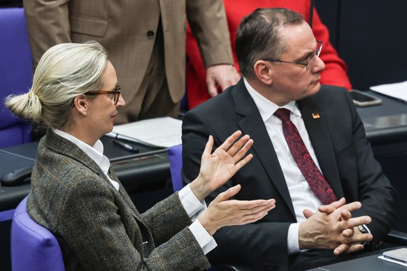 epa12848935 Alternative for Germany (AfD) party and faction co-chairs Alice Weidel (L) and Tino Chrupalla attend a government question time at the German parliament 'Bundestag' in Berlin, Ge ...