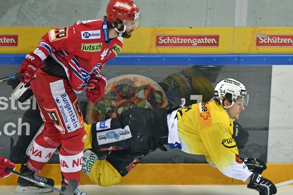 Der Laker Roman Schlagenhauf, links, stoppt den Berner Andre Heim, rechts, beim Eishockeyspiel der National League SC Rapperswil-Jona Lakers gegen den SC Bern in Rapperswil am Freitag, 7. Dezember 201 ...