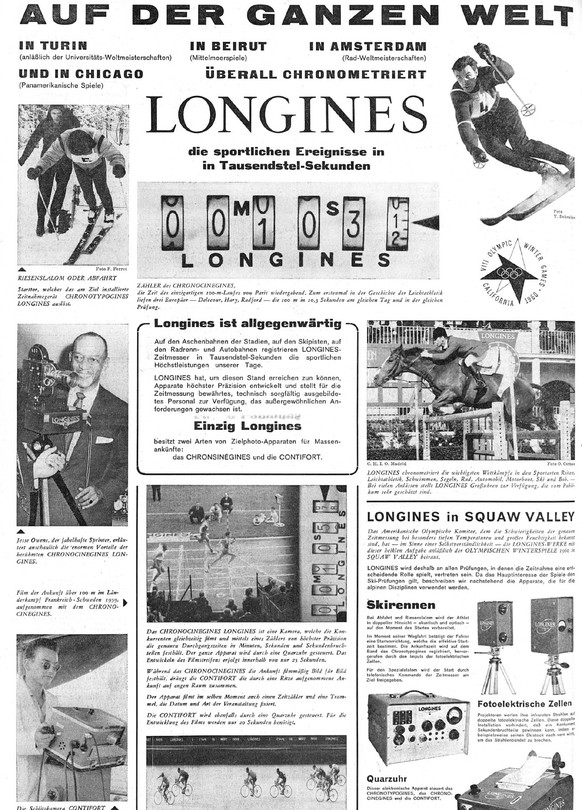 Werbeseite von Longines in der NZZ vom 23. Februar 1960, vor den Spielen in Squaw Valley. https://www.e-newspaperarchives.ch/?a=d&amp;d=NZZ19600223-01.2.59.1&amp;e=-------de-20--1--img-txIN--------0-- ...