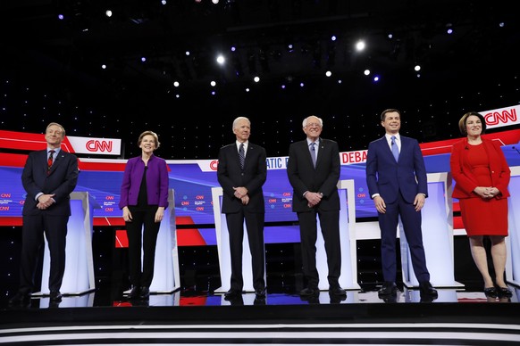From left, Democratic presidential candidates businessman Tom Steyer, Sen. Elizabeth Warren, D-Mass., former Vice President Joe Biden, Sen. Bernie Sanders, I-Vt., former South Bend Mayor Pete Buttigie ...