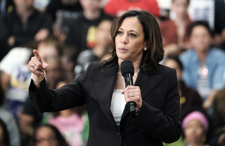 FILE - In this Sunday, May 19, 2019 file photo, Democratic presidential candidate Sen. Kamala Harris, D-Calif., talks during her first campaign organizing event at Los Angeles Southwest College in Los ...