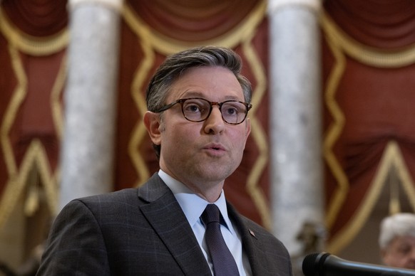 epa11328136 Speaker of the House Mike Johnson delivers a statement in National Statuary Hall after a failed vote to remove him as speaker, on Capitol Hill in Washington, DC, USA, 08 May 2024. A vote t ...