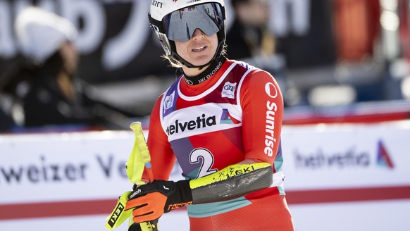 Jasmine Flury of Switzerland reacts in the finish area during the women&#039;s super-g race at the FIS Alpine Ski World Cup, in St. Moritz, Switzerland, Sunday, December 18, 2022. (KEYSTONE/Peter Schn ...