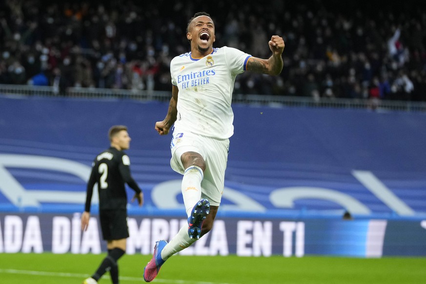 Real Madrid&#039;s Eder Militao celebrates scoring his side&#039;s second goal during a Spanish La Liga soccer match between Real Madrid and Elche at the Bernabeu stadium in Madrid, Spain, Sunday, Jan ...