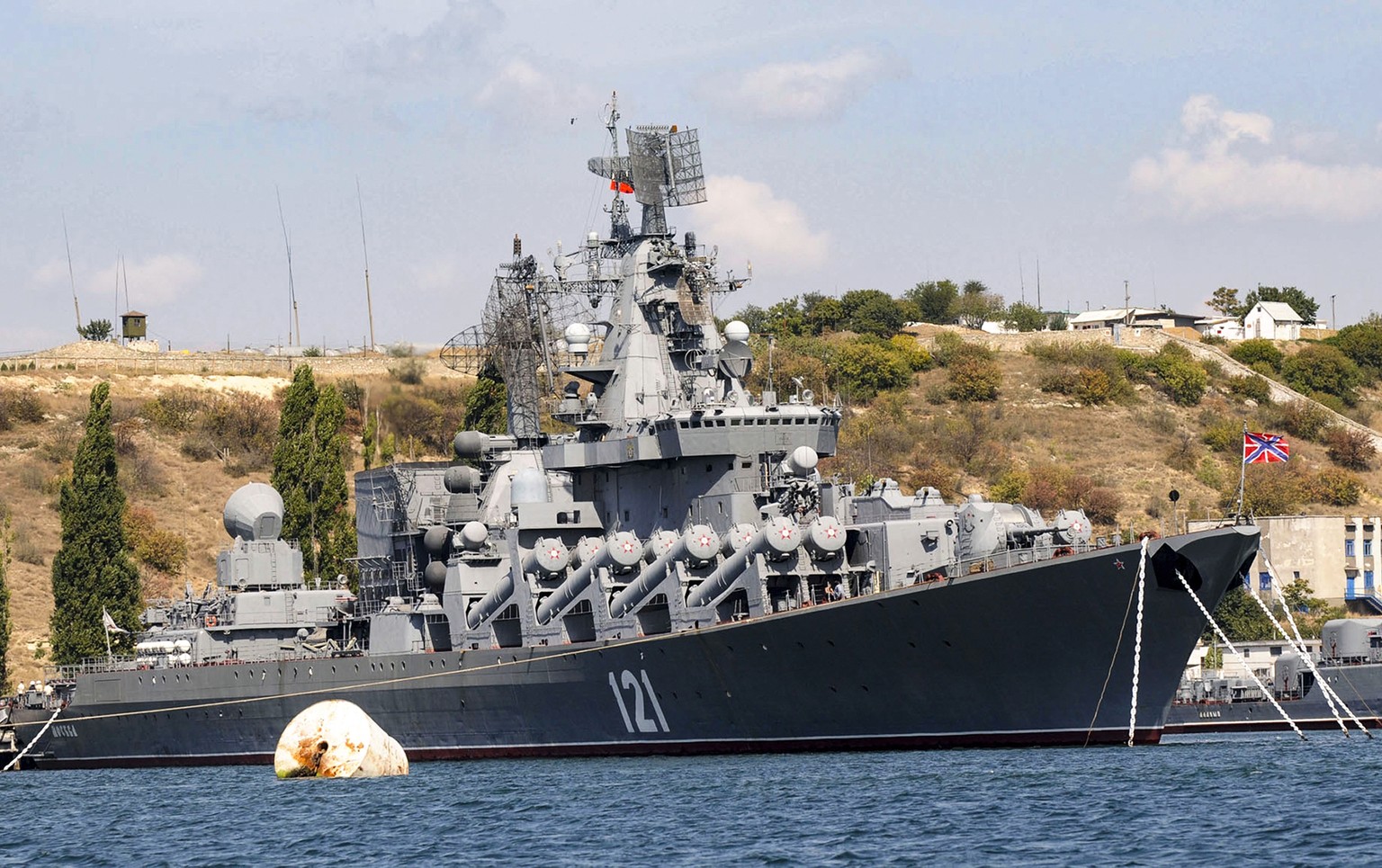 FILE - The Russian missile cruiser Moskva, the flagship of Russia&#039;s Black Sea Fleet is seen anchored in the Black Sea port of Sevastopol, on Sept. 11, 2008. The Russian Defense Ministry confirmed ...