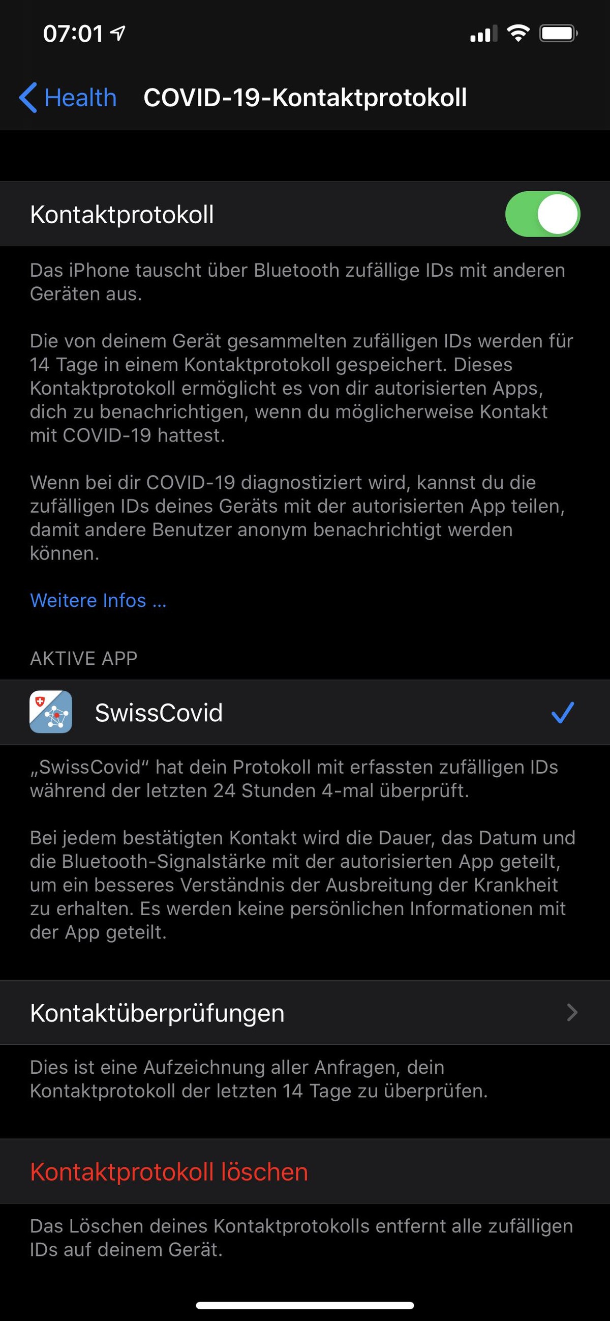 So sieht es mit installierter SwissCovid-App in den Geräteeinstellungen («Datenschutz» > «Health») aus.