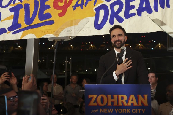 Democratic mayoral candidate Zohran Mamdani takes the stage at his primary election party, Wednesday, June 25, 2025, in New York. (AP Photo/Heather Khalifa)
Election 2025 NYC Mayor