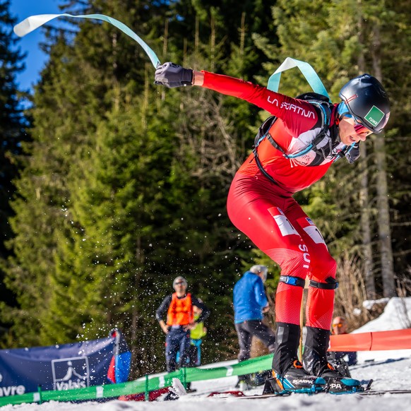 KEYPIX - Arno Lietha of Switzerland, in action during the Sprint race at the ISMF Ski Mountaineering World Championships, in Morgins, Switzerland, Thursday, March 6, 2025. (KEYSTONE/Maxime Schmid)