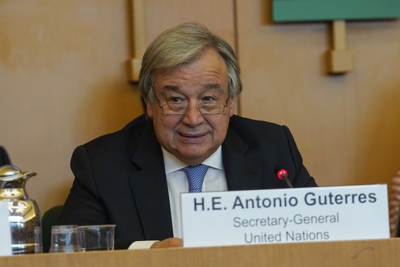 UN Secretary General Antonio Guterres delivers his speech during an United Nations Relief and Works Agency for Palestine Refugees in the Near East, UNRWA, conference, in Rome, Thursday, March 15, 2018 ...