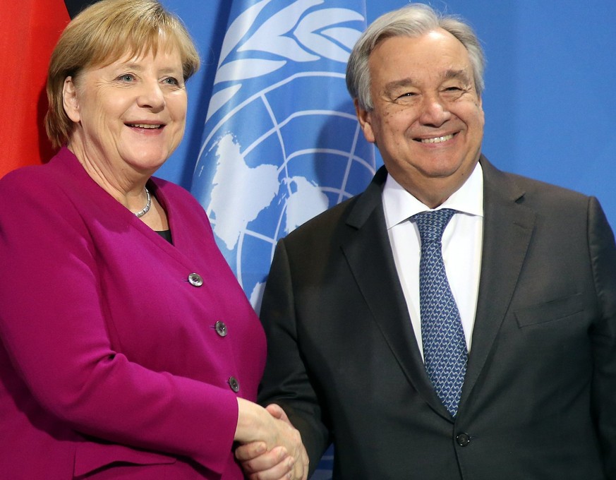 ARCHIV - 26.11.2019, Berlin: Bundeskanzlerin Angela Merkel (CDU) und Antonio Guterres, Generalsekret