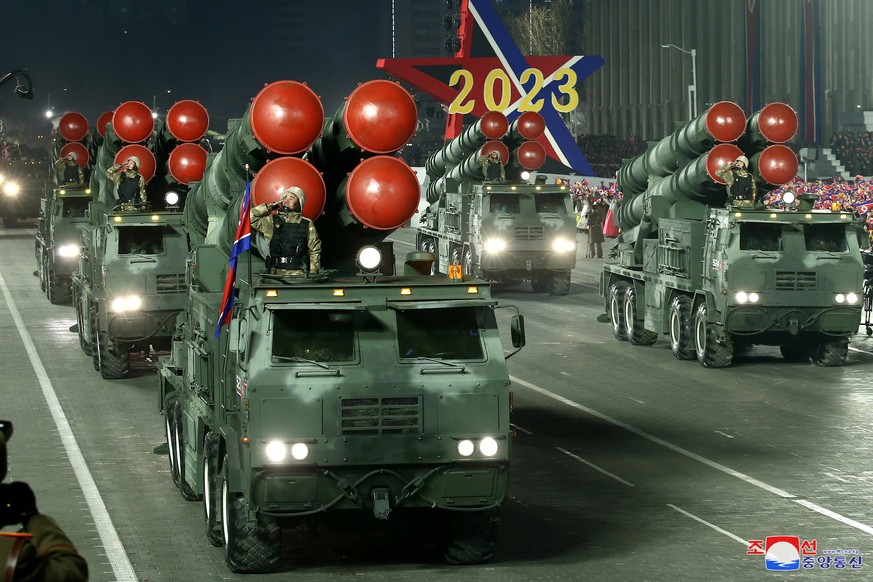 epa10455997 A photo released by the official North Korean Central News Agency (KCNA) shows KN-25 multiple missile launchers during a military parade in Kim Il Sung Square to mark the 7…