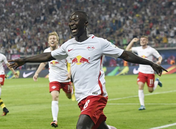 Leipzig&#039;s Naby Keita celebrates scoring against Borussia Dortmund during the German first division Bundesliga soccer match between RB Leipzig and Borussia Dortmund in Leipzig, Germany, Saturday,  ...