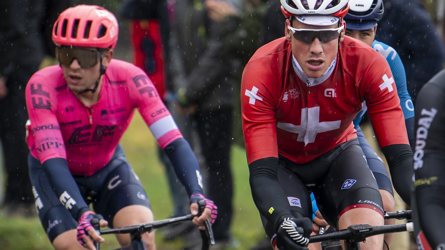 Stefan Bissegger from Switzerland of team EF Education-Nippo, Stefan Kueng from Switzerland of team Groupama-FDJ, Johan Jacobs from Switzerland of team Movistar, and Kobe Goossens from Belgium of team ...