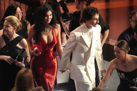 Kylie Jenner, left, and Timothee Chalamet appear in the audience before the Oscars on Sunday, March 15, 2026, at the Dolby Theatre in Los Angeles. (AP Photo/Chris Pizzello)
Kylie Jenner,Timothee Chala ...