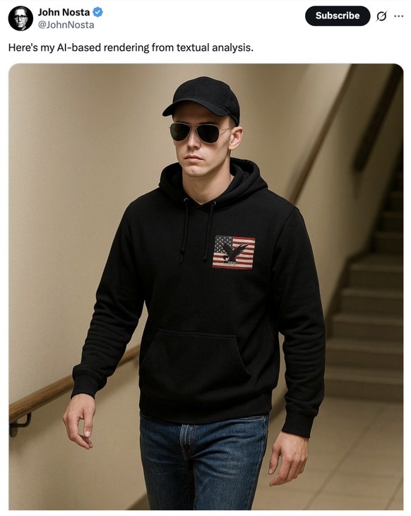 KI-generiertes Bild zum Mordfall Charlie Kirk, das wegen digitaler Artefakte nicht die vom FBI gesuchte Person zeigt.
