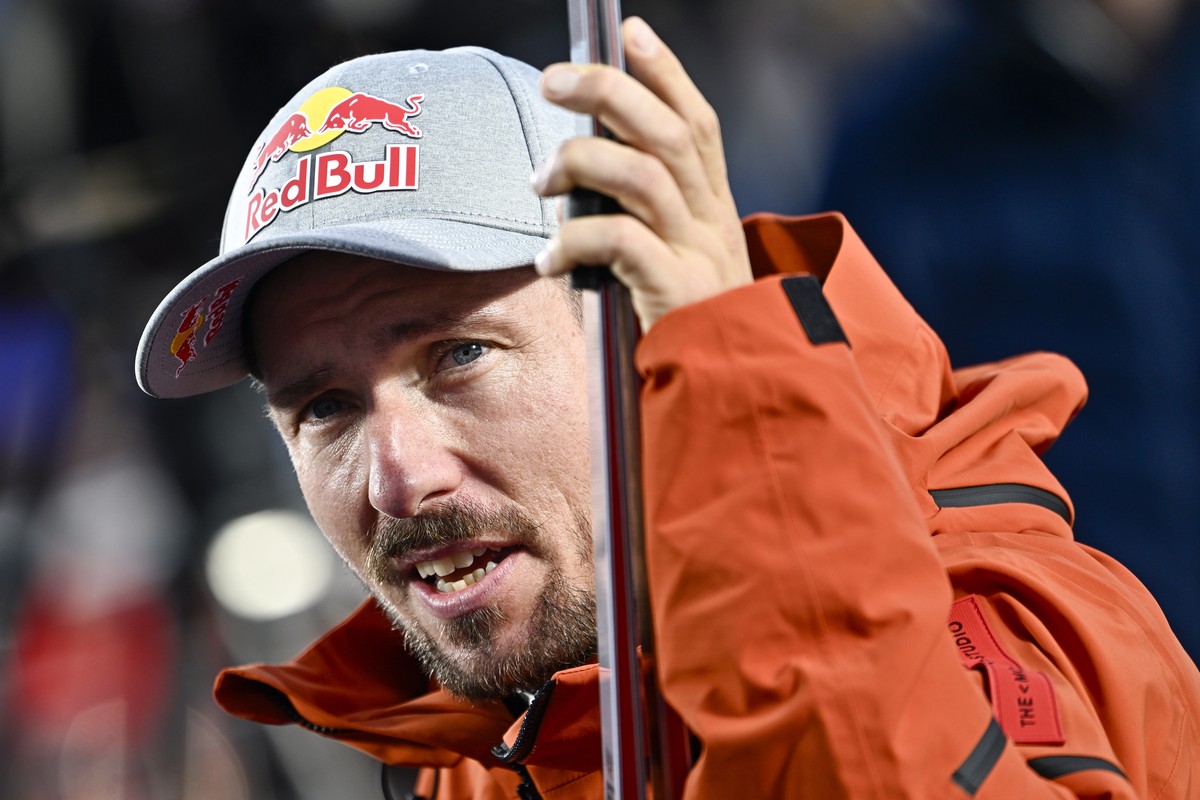 epa11686760 Marcel Hirscher of the Netherlands reacts in the finish area during the second run of the Men's Giant Slalom race of the FIS Alpine Skiing World Cup season opener on the Rettenbach gl ...