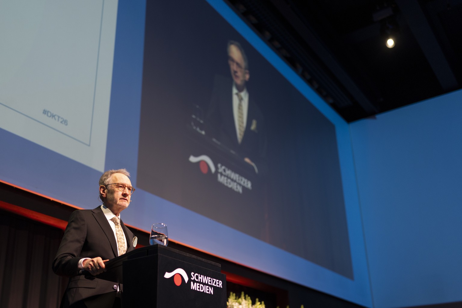 Andrea Masueger, Praesident Verlegerverband SCHWEIZER MEDIEN, spricht an der 27. Ausgabe des traditionellen Jahresauftakts der Schweizer Medienbranche, der Dreikoenigstagung am Donnerstag, 8. Januar 2 ...