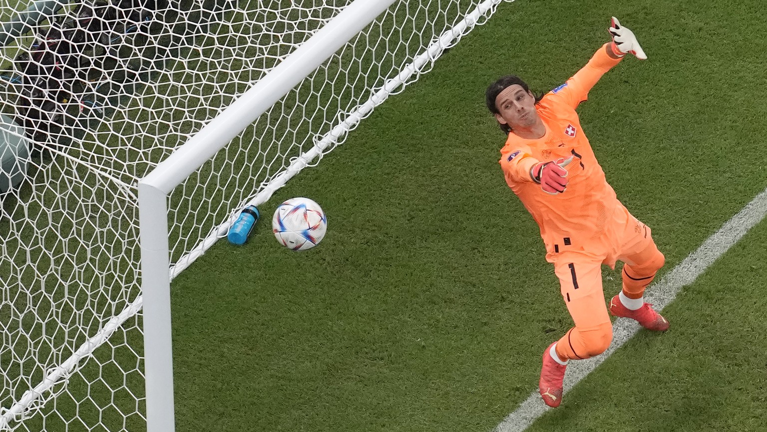 Switzerland&#039;s goalkeeper Yann Sommer fails to save a ball during the World Cup round of 16 soccer match between Portugal and Switzerland, at the Lusail Stadium in Lusail, Qatar, Tuesday, Dec. 6,  ...