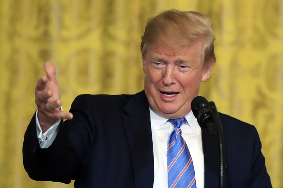 President Donald Trump speaks during a celebration of military mothers with first lady Melania Trump in the East Room of the White House in Washington, Friday, May 10, 2019. (AP Photo/Manuel Balce Cen ...