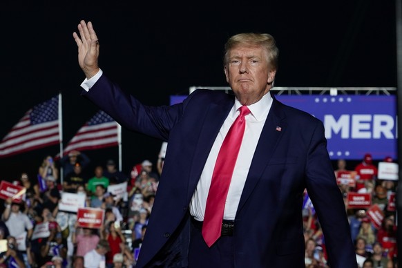 Former President Donald Trump arrives at a rally, late Friday, Aug. 5, 2022, in Waukesha, Wis. (AP Photo/Morry Gash)