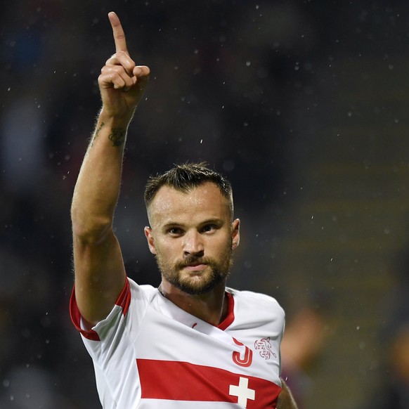 epa06181723 Swiss forward Haris Seferovic celebrates scoring opening goal during the 2018 Fifa World Cup group B qualifying soccer match Latvia against Switzerland at Skonto Stadium, in Riga, Latvia,  ...