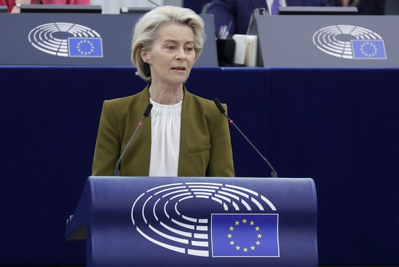 epa11297253 European Commission President Ursula von der Leyen delivers a speech during a formal sitting on the 20th anniversary of the 2004 EU Enlargement at the European Parliament in Strasbourg, Fr ...