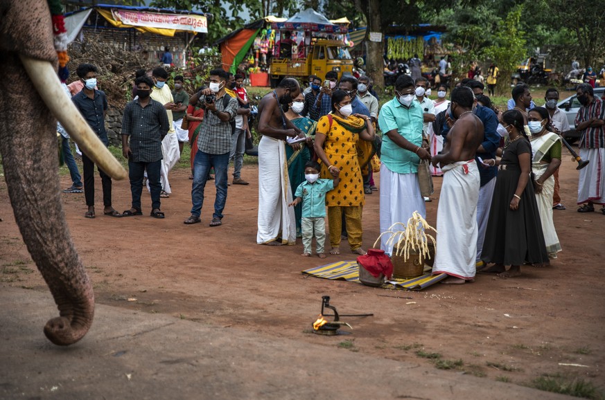 A child wearing a face mask as a precaution against the coronavirus looks at an elephant during Onam festival at the Vamana Hindu temple in Kochi, Kerala state, India, Friday, Aug.20, 2021. (AP Photo/ ...