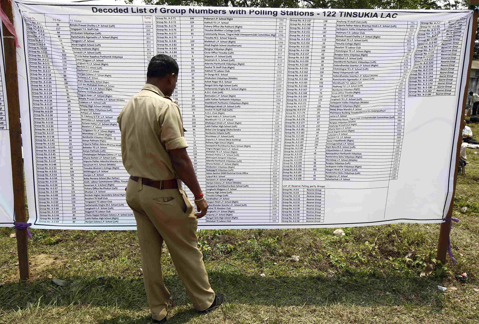 Ein Polizist betrachtet eine Liste mit verschiedenen Wahllokalen.
