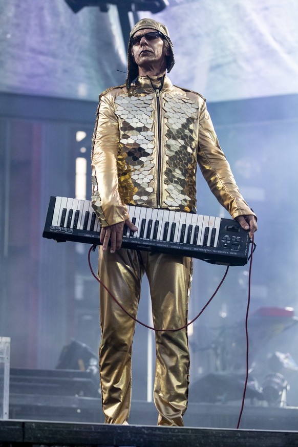 June 22, 2019, Berlin: Christian Flake Lorenz, keyboard player of Rammstein, performs at the concert of the band Rammstein at the Olympic Stadium.  The Berlin-based group performs as part of their Europa Stadio…