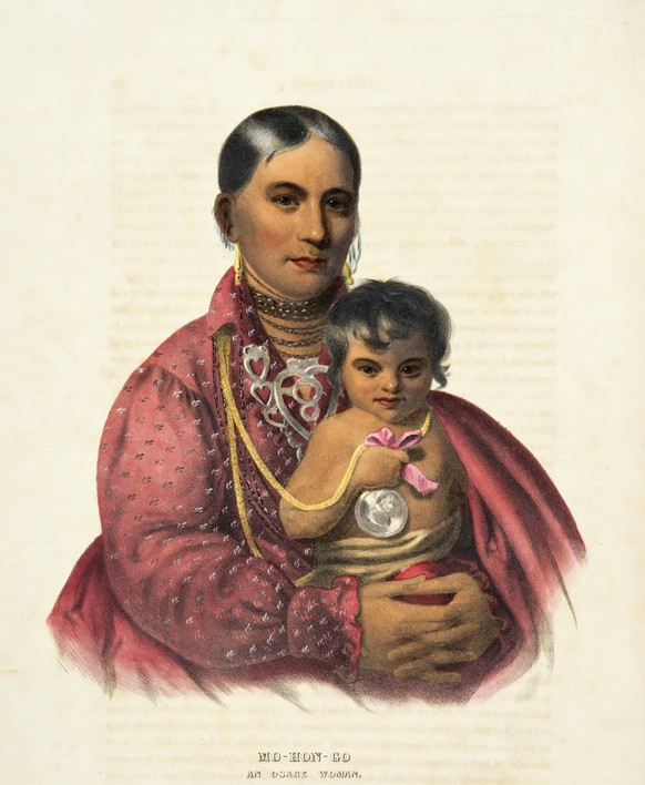 Osage woman and baby, illustration Mo-Hon-Go, an Osage woman, with baby. Illustration from the book History of the Indian Tribes of North America with biographical sketches and anecdotes of the princi ...