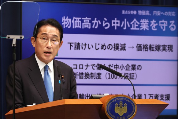 epa10270989 Japanese Prime Minister Fumio Kishida speaks during a press conference at his official residence in Tokyo, Japan, 28 October 2022. Kishida announced the new 29.1 trillion yen economic pack ...