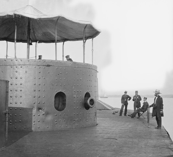 Deck and Turret of U.S.S. Monitor seen from Bow, James River, Virginia, by James F. Gibson, July 1862. (Photo by: Universal History Archive/Universal Images Group via Getty Images)
