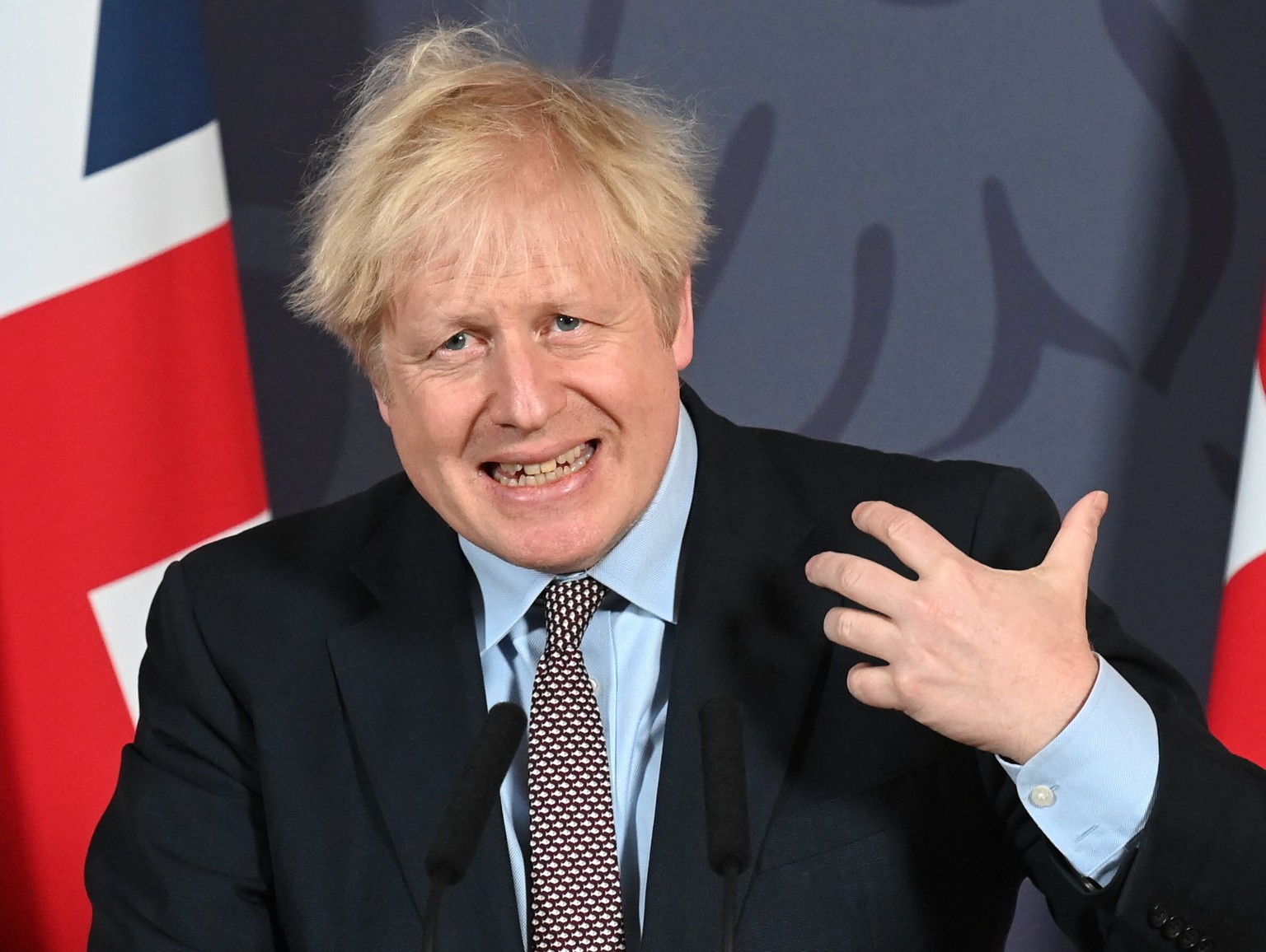 Boris Johnson lobt den Brexit-Deal und trägt dabei eine Fischkrawatte.