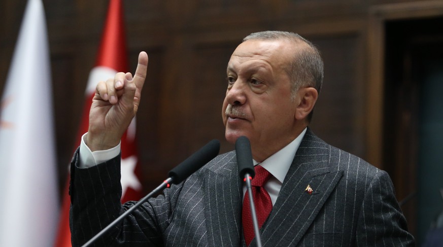 epa07553093 Turkish President Recep Tayyip Erdogan addresses members of ruling Justice and Development Party (AKP) at their group meeting at the parliament in Ankara, Turkey, 07 May 2019. According to ...