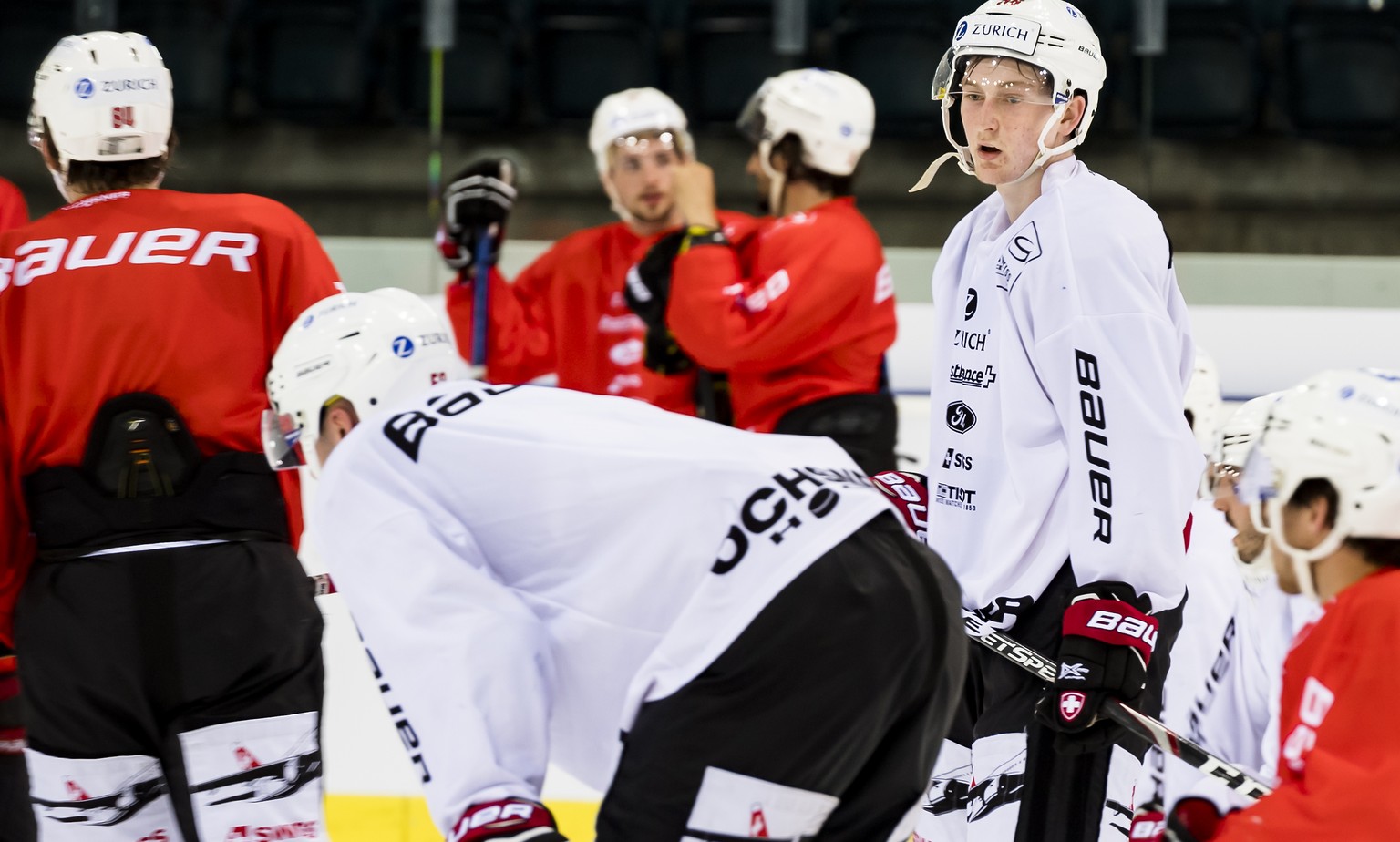 Switzerland&#039;s defender Janis Moser reacts during a training camp of Swiss national hockey team ahead the IIHF 2019 World Championship, at the ice stadium Les Vernets, in Geneva, Switzerland, Wedn ...