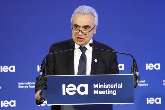 FILE - IEA Executive Director Fatih Birol delivers his speech at the opening session of the International Energy Agency (IEA) ministerial meeting, March 23, 2022 in Paris. Birol and Ukraine&#039;s Min ...