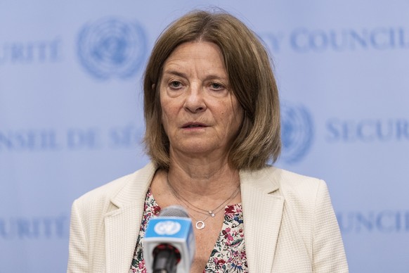 NEW YORK, UNITED STATES - 2022/07/12: Permanent Representative of Norway to the United Nations Ambassador Mona Juul speaks at a press encounter at stakeout with Permanent Representative of Ireland, Am ...