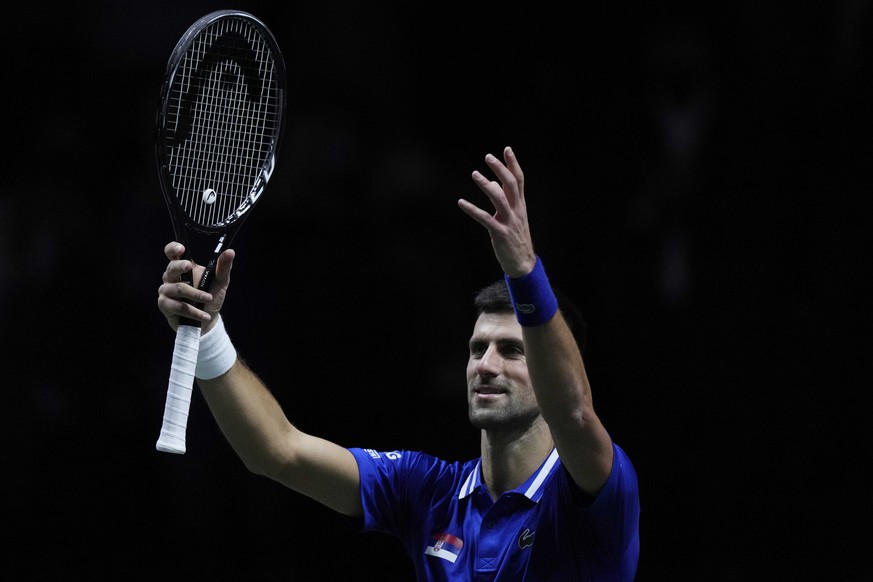 FILE - Serbia&#039;s Novak Djokovic after defeating Croatia&#039;s Marin Cilic during their Davis Cup tennis semi-final match at Madrid Arena in Madrid, Spain, on Dec. 3, 2021. Top-ranked Novak Djokov ...