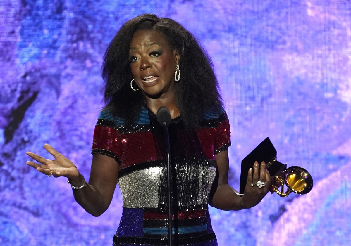 Viola Davis accepts the award for best audio book, narration, and storytelling recording for "Finding Me: A Memoir" at the 65th annual Grammy Awards on Sunday, Feb. 5, 2023, in Los Angeles.  ...