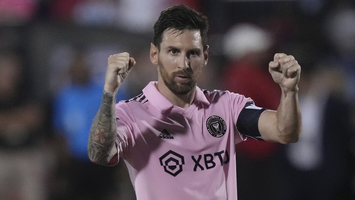 Inter Miami forward Lionel Messi celebrates a score during penalty kicks in the team's Leagues Cup soccer match against FC Dallas on Sunday, Aug. 6, 2023, in Frisco, Texas. (AP Photo/LM Otero)
Li ...