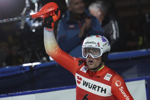 Switzerland&#039;s Daniel Yule reacts after completing an alpine ski, men&#039;s World Cup slalom race, in Garmisch Partenkirchen, Germany, Wednesday, Jan. 4, 2023. (AP Photo/Alessandro Trovati)