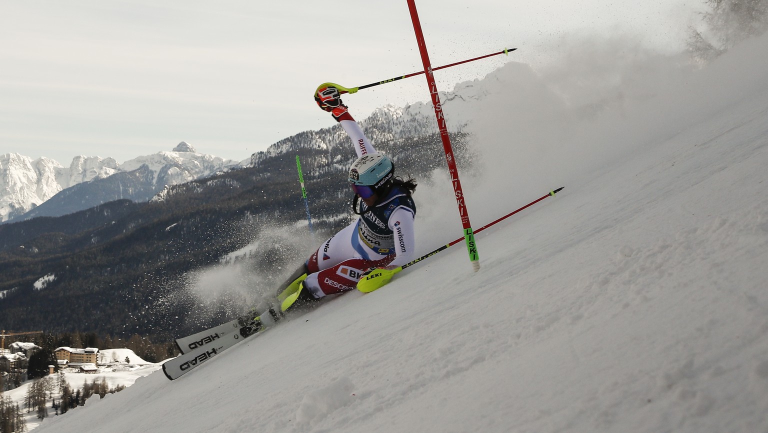 Switzerland&#039;s Wendy Holdener falls as she competes in the slalom portion of the women&#039;s combined race, at the alpine ski World Championships, in Cortina d&#039;Ampezzo, Italy, Monday, Feb. 1 ...