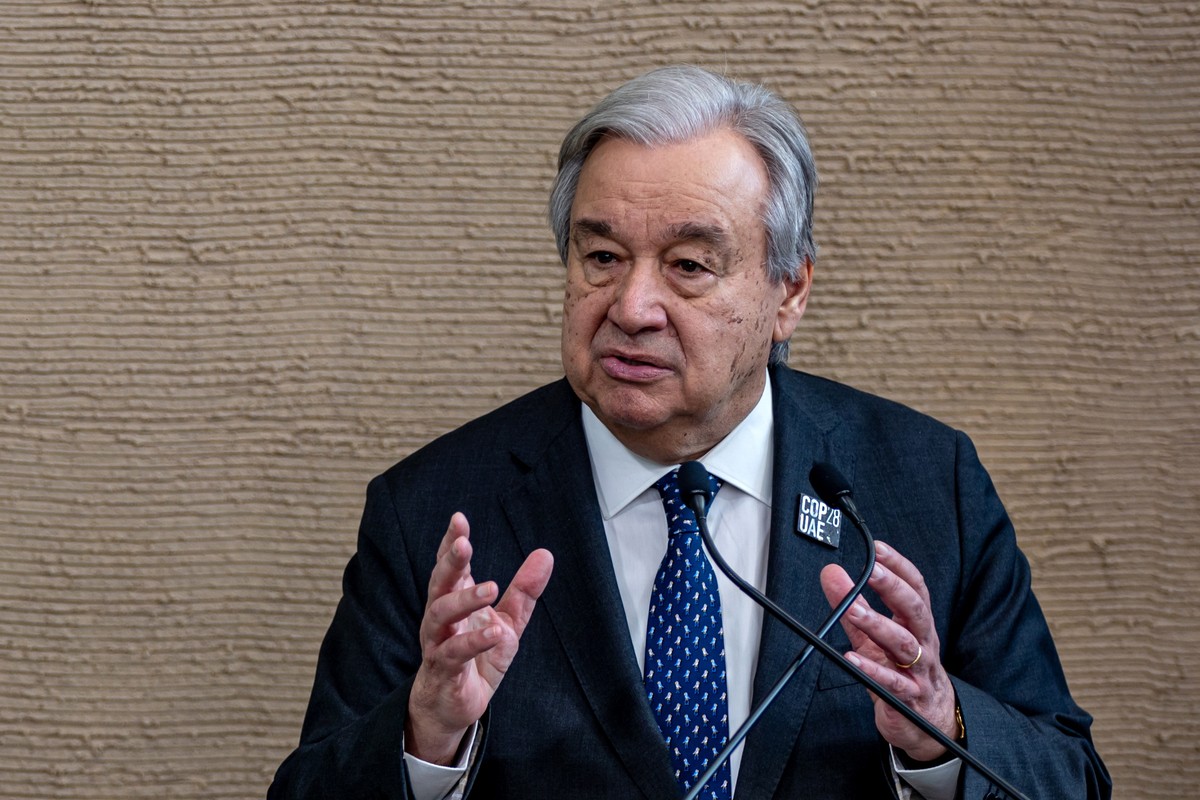 epa11022459 United Nations Secretary-General, Antonio Guterres, speaks to journalists during the 2023 United Nations Climate Change Conference (COP28), in Dubai, United Arab Emirates, 11 December 2023 ...